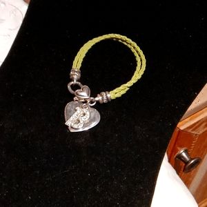 Green Braided Leather Cord Bracelet Silver Tone Clasp Heart and Rhinesto…